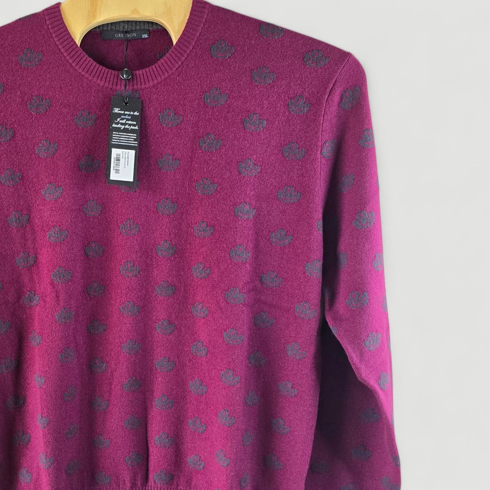 GREYSON Men's Sweater XXL Burgundy All Over‎ Floral Pattern 100% Cashmere